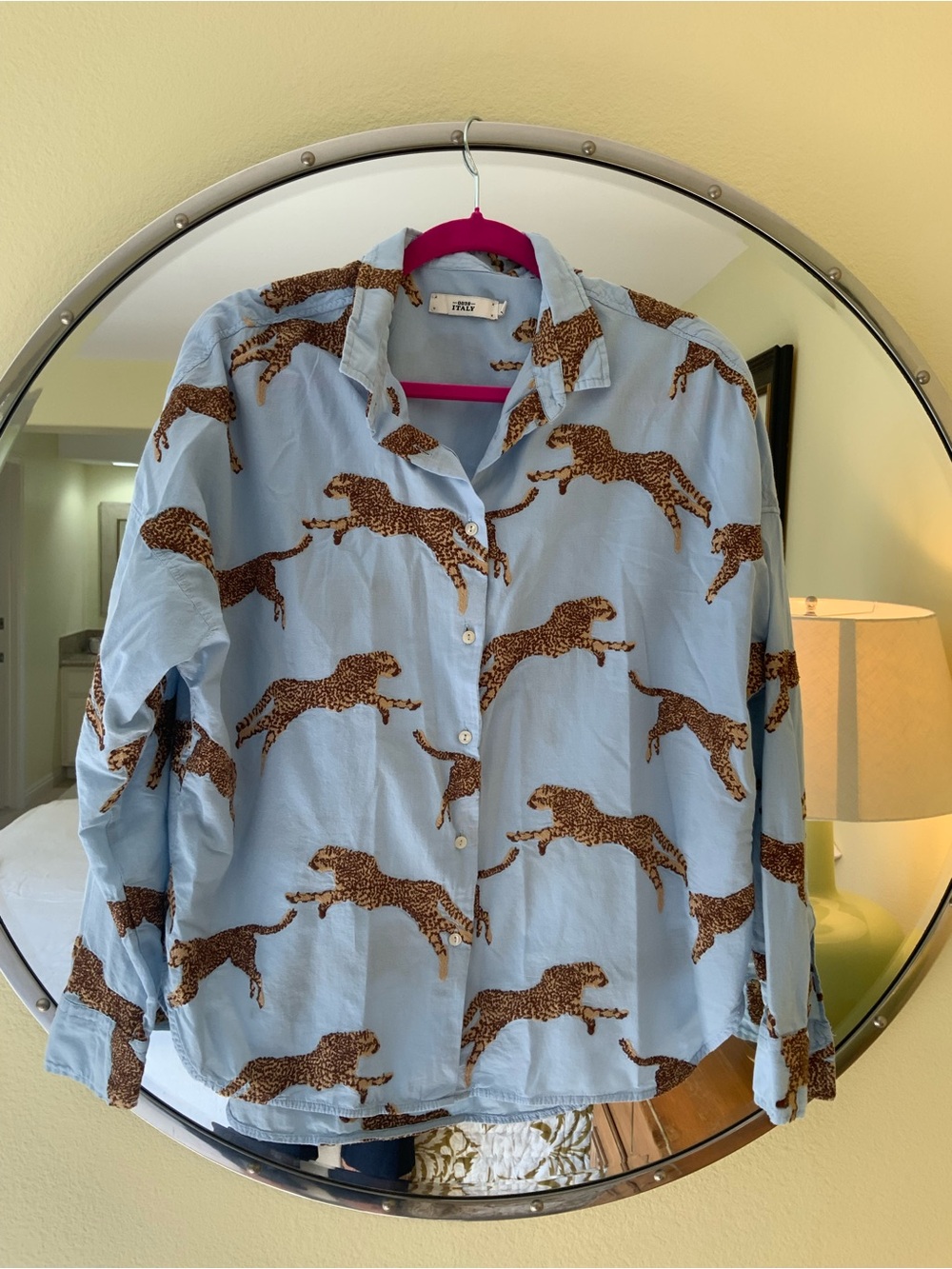 Leopard-Print Light Blue Button-Down Shirt